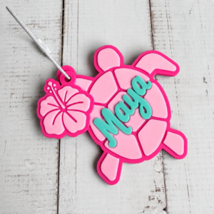 Personalized sea turtle bag tag with custom name, tropical turtle design, and coordinating colors for backpacks, beach bags, dance bags, and sports bags.
