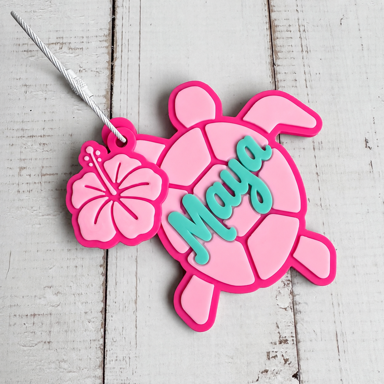 Personalized sea turtle bag tag with custom name, tropical turtle design, and coordinating colors for backpacks, beach bags, dance bags, and sports bags.